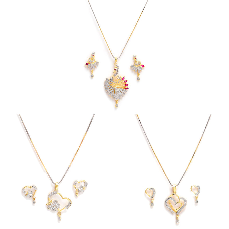 Gold-Plated Heart & Peacock Pink Cubic Zirconia Stone Studded Pendant Set With Chain & Earrings Combo