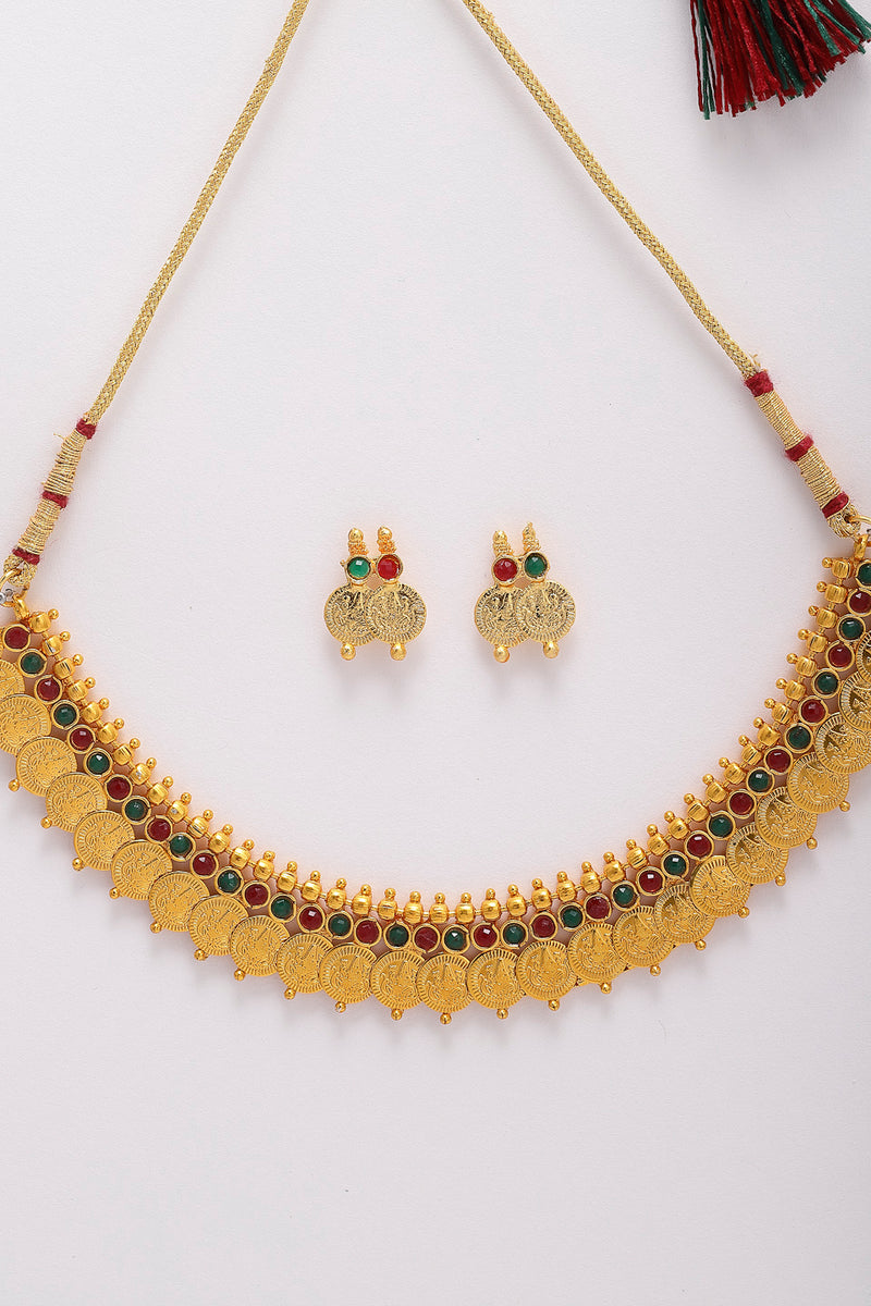 Traditional Temple Coin Red Green Small Choker Necklace With Earring
