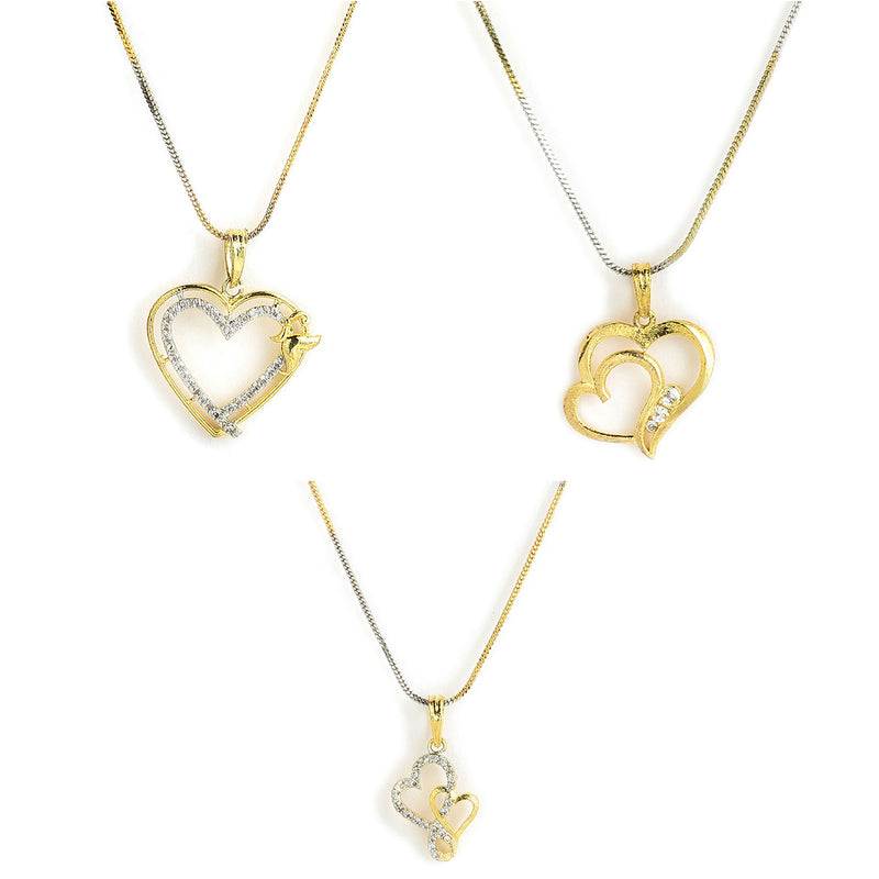 Gold-Plated Heart Shaped White Cubic Zirconia Stone Studded Pendant Combo