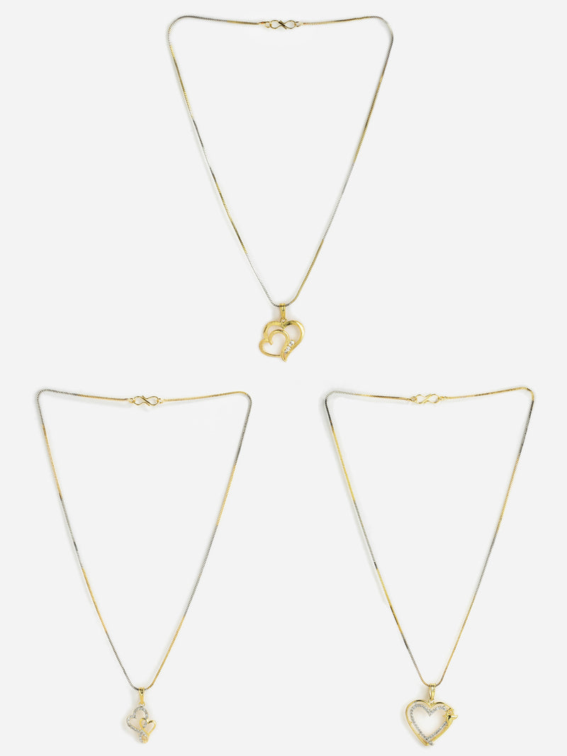 Set Of 3 Gold Plated & White CZ Stone Studded Pendant with Chain