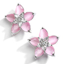 Rhodium-Plated with Silver-Toned Pink American Diamond Floral Studs Earrings