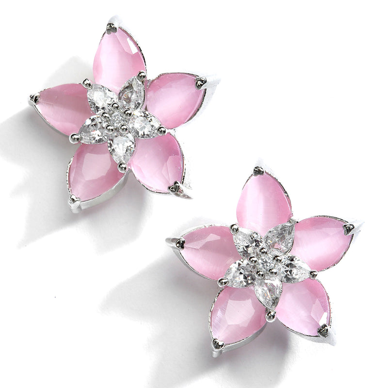 Rhodium-Plated with Silver-Toned Pink American Diamond Floral Studs Earrings