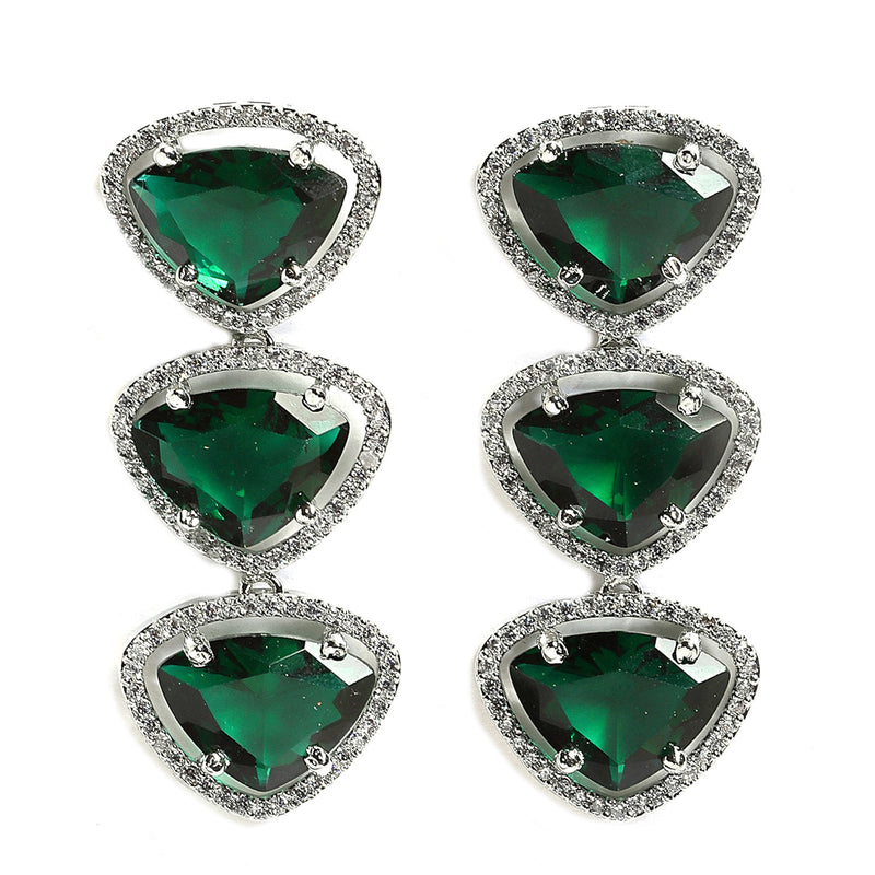 Rhodium-Plated with Silver-Tone Handcrafted Green American Diamond Studded Triangular Jewellery Set