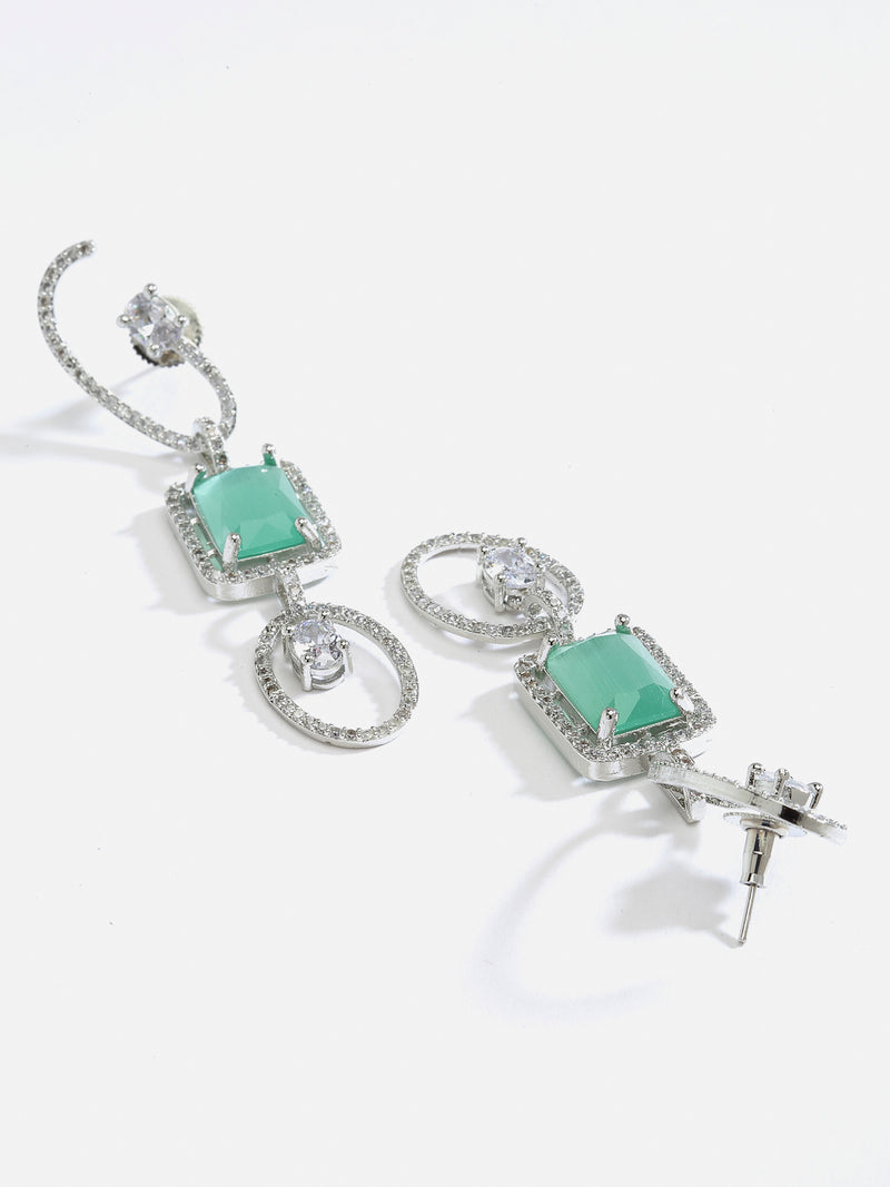 Sea Green Geometric Shaped Rhodium-Plated with Silver-Tone Drop Earrings