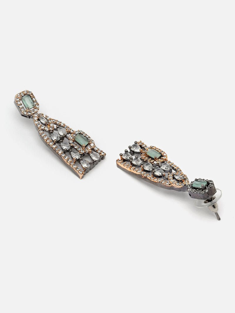 Rose Gold-Plated Gunmetal Toned Sea Green American Diamond studded Classic Drop Earrings