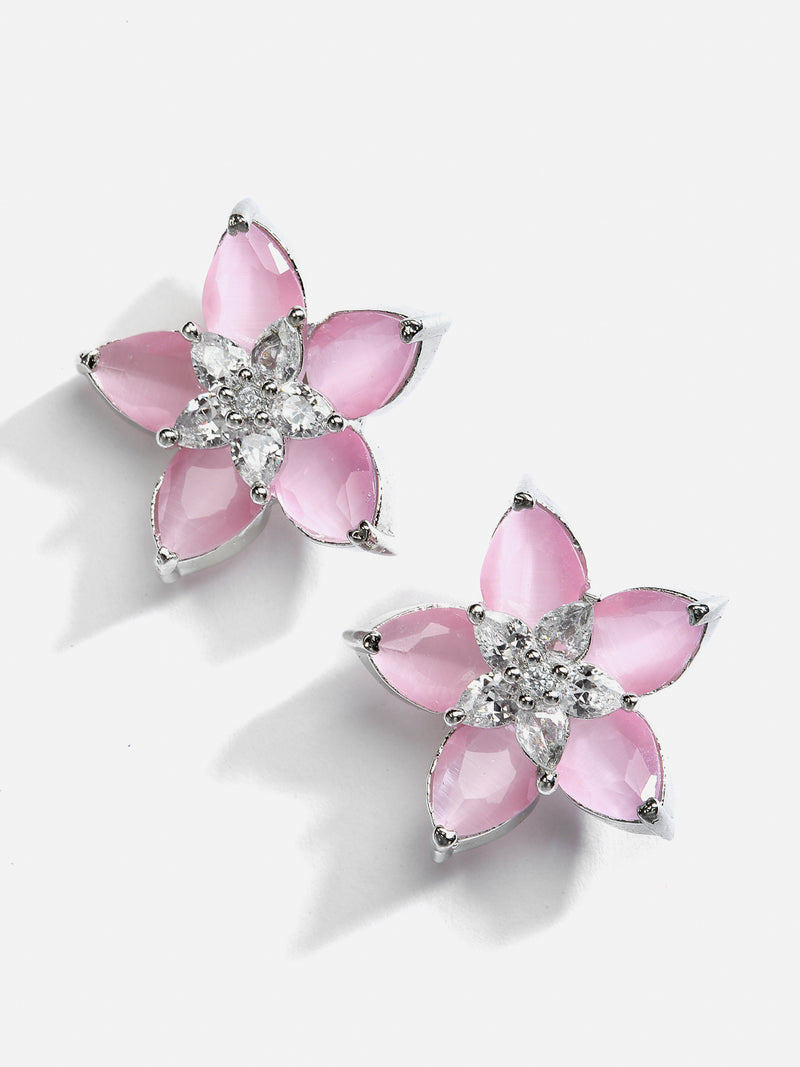 Rhodium-Plated with Silver-Toned Pink American Diamond Floral Studs Earrings