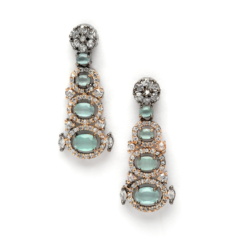 Rose Gold-Plated Gunmetal Toned Sea Green American Diamond studded Quirky Shaped Drop Earrings