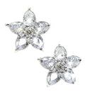 Rhodium-Plated with Silver-Toned White American Diamond Floral Studs Earrings