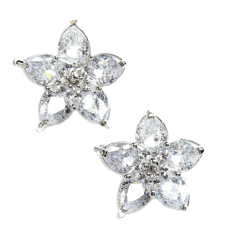 Rhodium-Plated with Silver-Toned White American Diamond Floral Studs Earrings