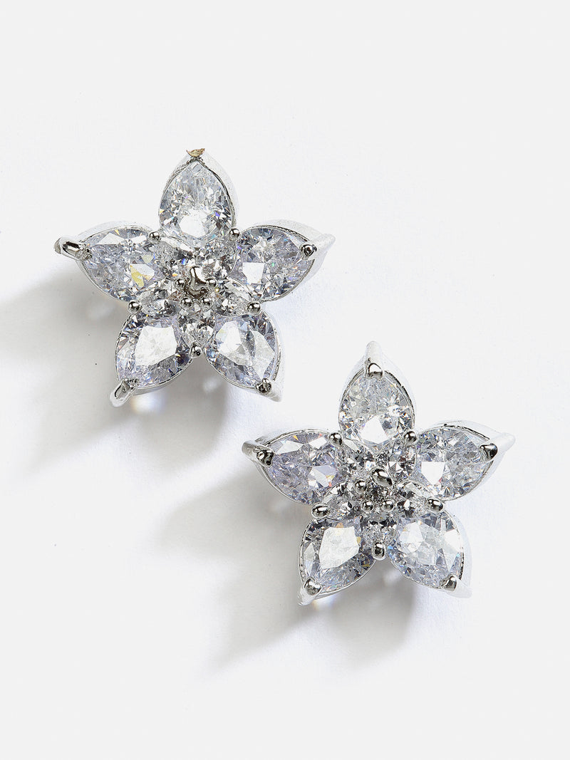 Rhodium-Plated with Silver-Toned White American Diamond Floral Studs Earrings