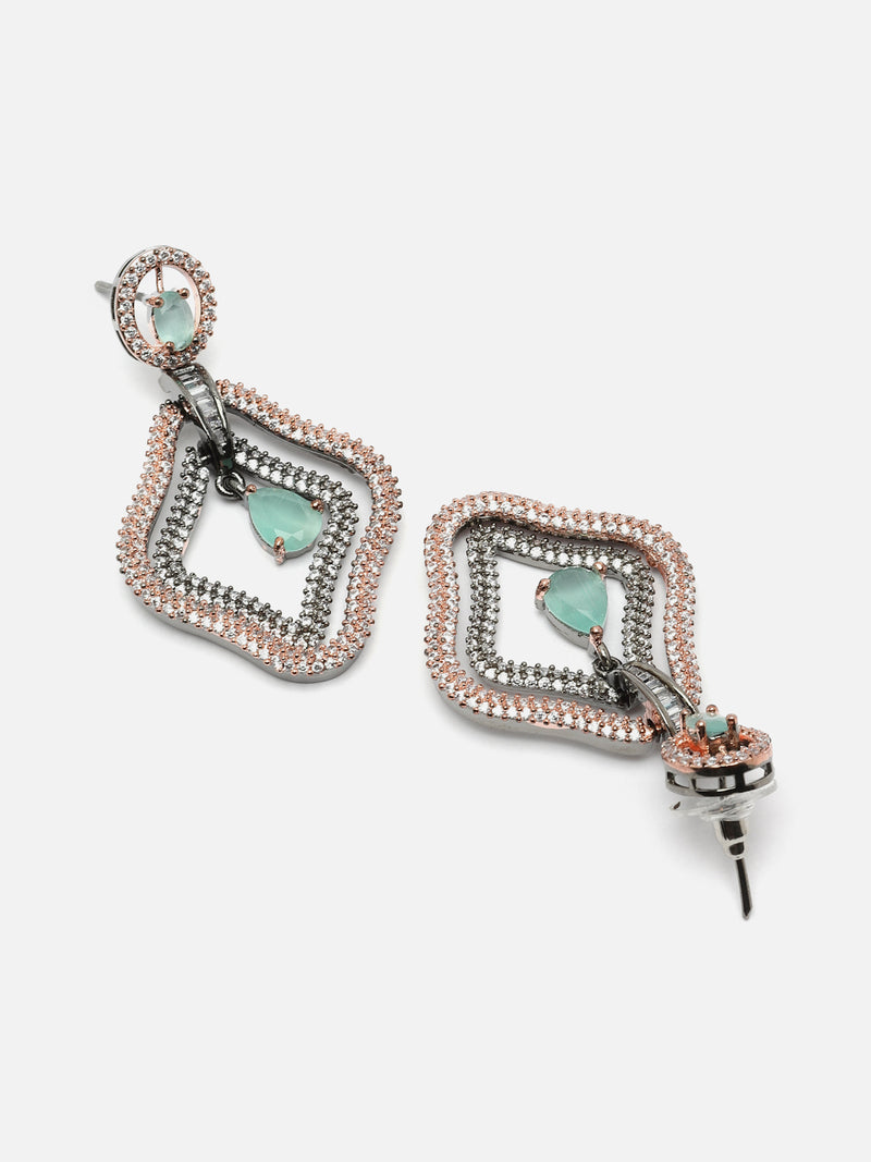 Rose Gold-Plated Gunmetal Toned Sea Green American Diamond studded Layered Drop Earrings