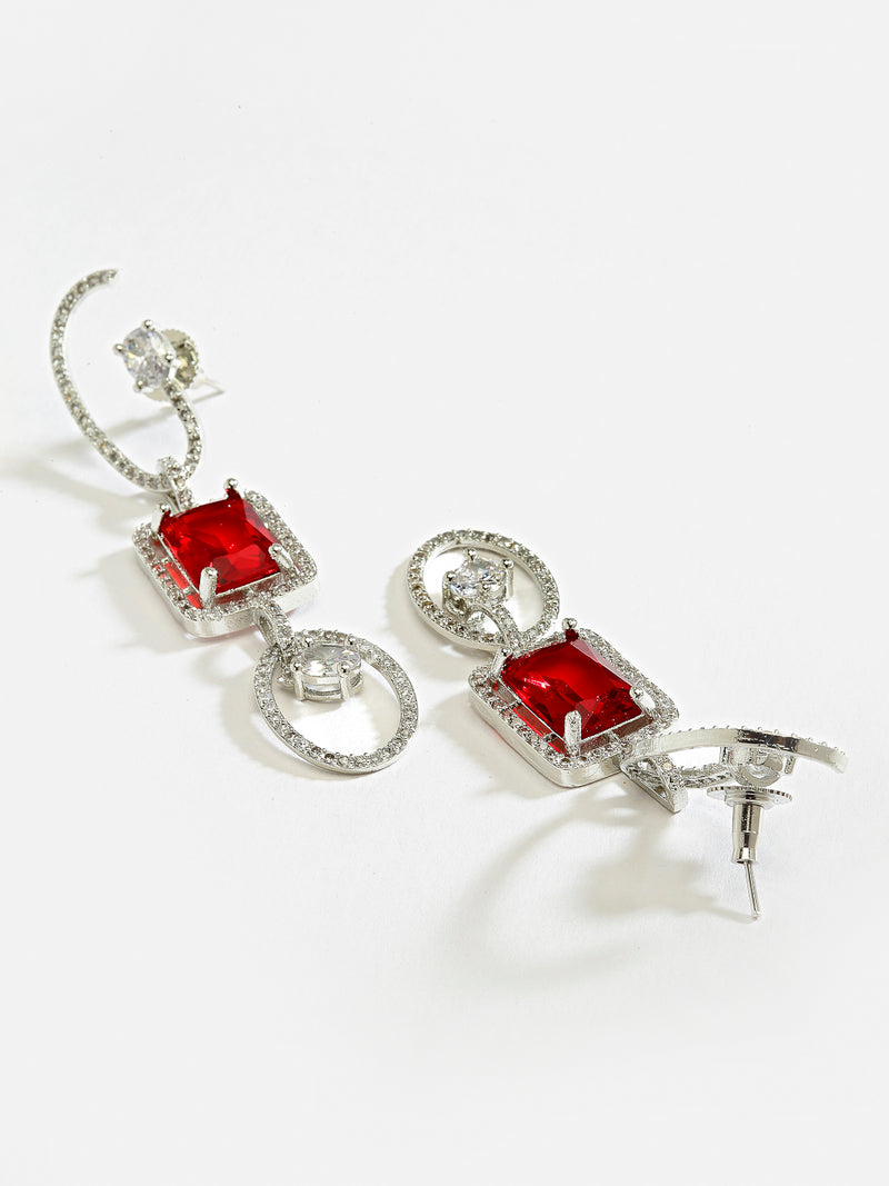 Red Geometric Shaped Rhodium-Plated with Silver-Tone Drop Earrings