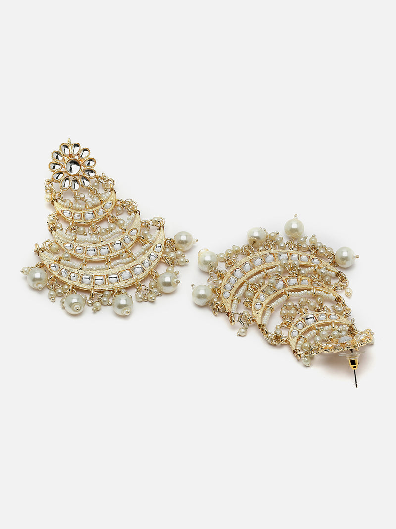 Gold-Plated White Pearls & Kundan studded Crescent Shaped Vilandi Drop Earrings