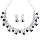 Rhodium-Plated with Silver-Tone Navy Blue American Diamond Studded Handcrafted Jewellery Set