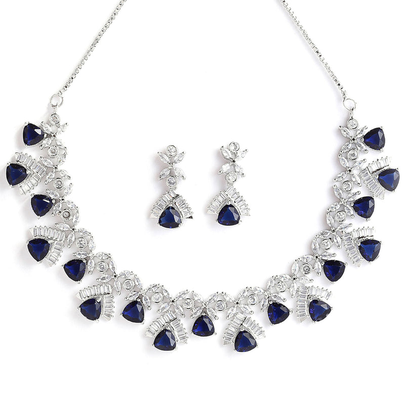 Rhodium-Plated with Silver-Tone Navy Blue American Diamond Studded Handcrafted Jewellery Set