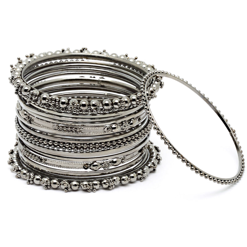 Oxidized Leaf White Cubic Zirconia Studded Combo - Necklace, Earrings, Bangles