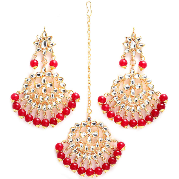 Gold-Plated Red Pearl & Kundan Studded Maang Tikka With Earrings