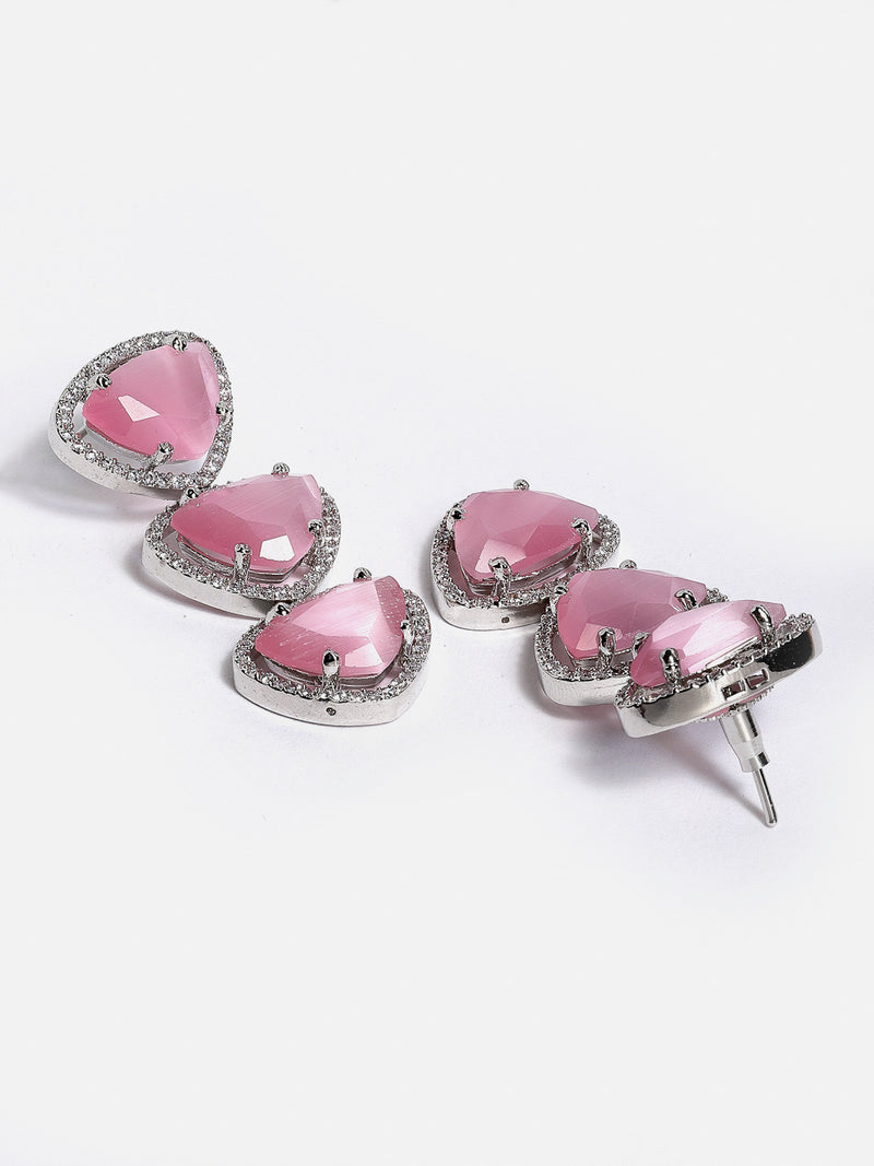 Rhodium-Plated with Silver-Tone Pink American Diamond Studded Jewellery Set