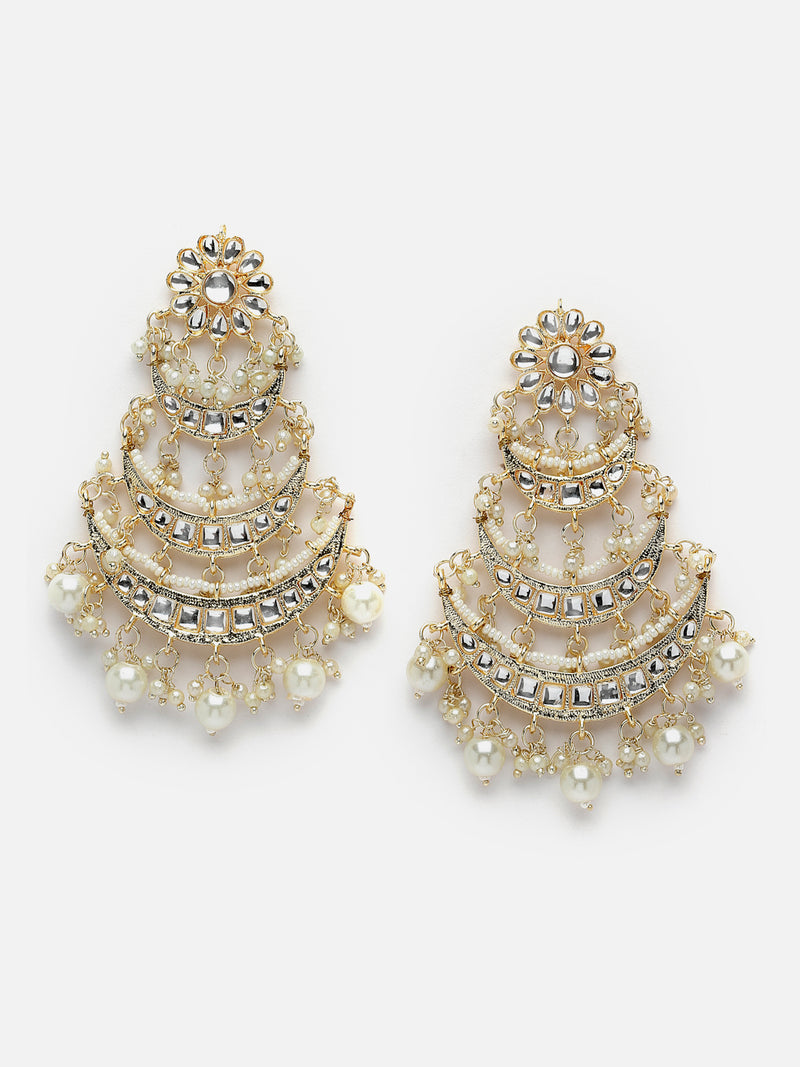 Gold-Plated White Pearls & Kundan studded Crescent Shaped Vilandi Drop Earrings