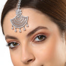 Rhodium Plated Silver Toned American Diamond  Maang Tikka  with Elegant Dangling Stones