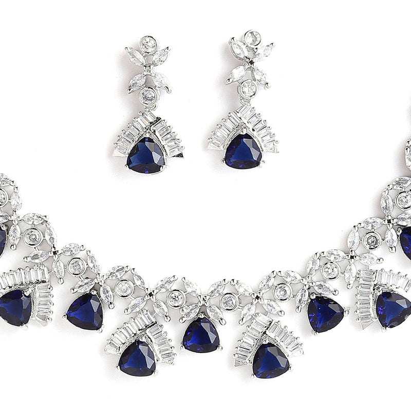 Rhodium-Plated with Silver-Tone Navy Blue American Diamond Studded Handcrafted Jewellery Set