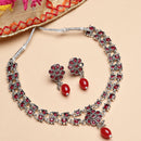 Rhodium-Plated with Oxidised Silver-Tone Red Studded & Pearl Beaded Jewellery Set