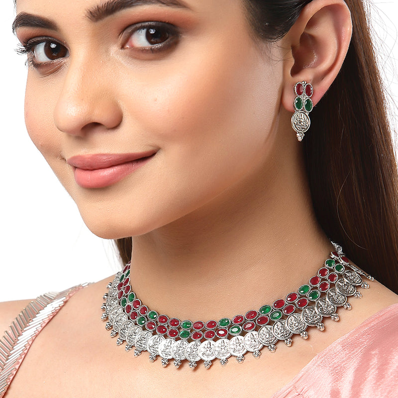 Rhodium-Plated with Oxidised Silver-Tone Green & Red Kundan Studded Handcrafted Jewellery Set