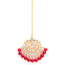 Gold-Plated Red Pearl & Kundan Studded Maang Tikka With Earrings