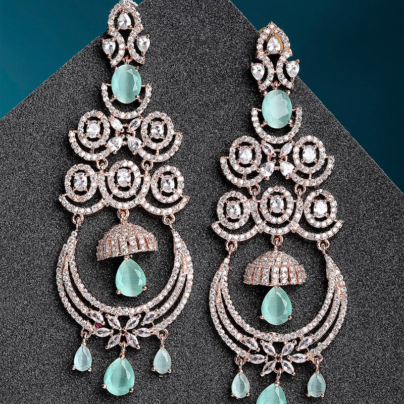 Sea Green American Diamond with Rose Gold-Plated Contemporary Chandbalis Earrings