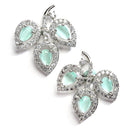 Rhodium-Plated with Silver-Toned Sea Green American Diamond Leaf Shaped Studs Earrings