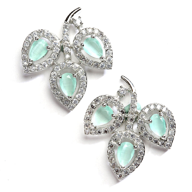 Rhodium-Plated with Silver-Toned Sea Green American Diamond Leaf Shaped Studs Earrings