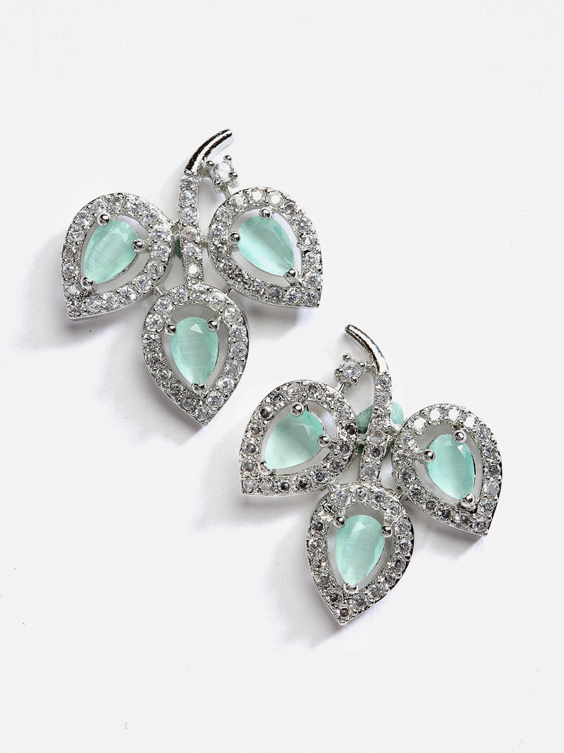 Rhodium-Plated with Silver-Toned Sea Green American Diamond Leaf Shaped Studs Earrings