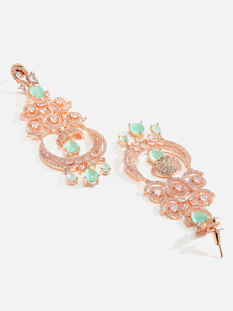 Sea Green American Diamond with Rose Gold-Plated Contemporary Chandbalis Earrings