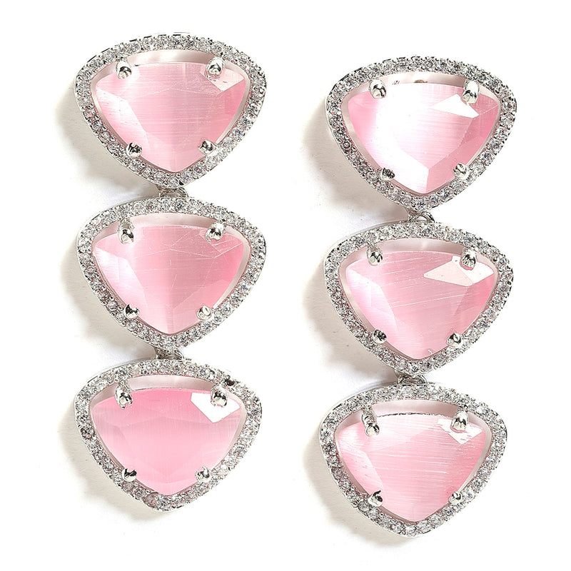 Rhodium-Plated with Silver-Tone Pink American Diamond Studded Jewellery Set