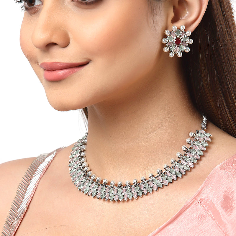 Rhodium-Plated with Silver-Tone Double Layered Kundan-Studded Leaf Shaped Jewellery Set