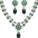 Rhodium-Plated with Oxidised Silver-Tone Green American Diamond-Studded & Pearl Beaded Jewellery Set