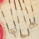 Set of 3 Gold-Plated Black & White American Diamond-Studded & Beaded Heart Shaped Mangalsutra