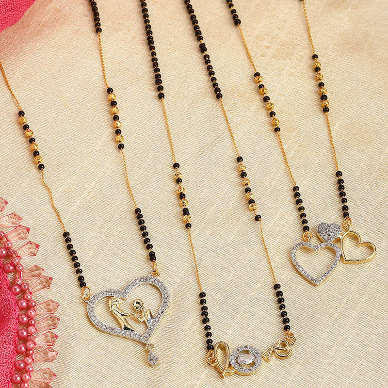 Set of 3 Gold-Plated Black & White American Diamond-Studded & Beaded Heart Shaped Mangalsutra