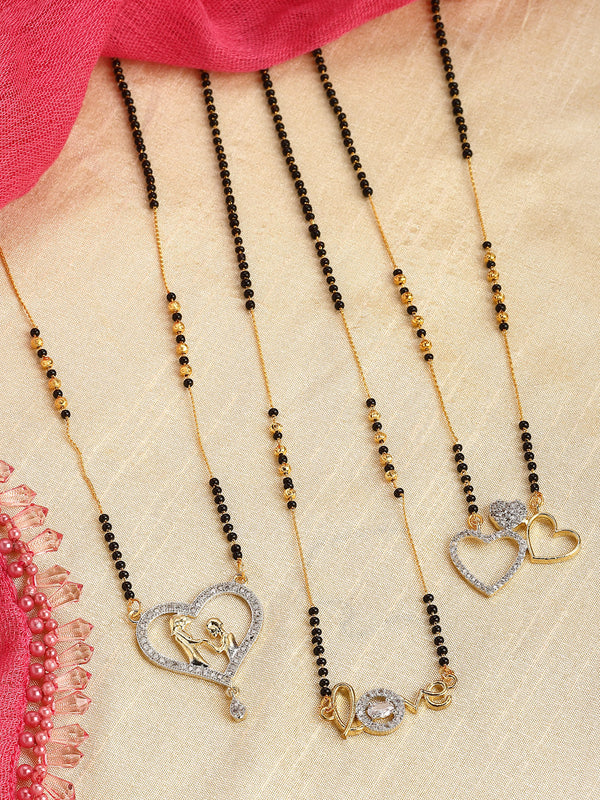 Set of 3 Gold-Plated Black & White American Diamond-Studded & Beaded Heart Shaped Mangalsutra