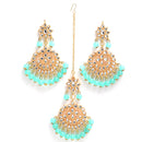 Gold-Plated Sea Green Pearl & Kundan Studded Maang Tikka With Earrings