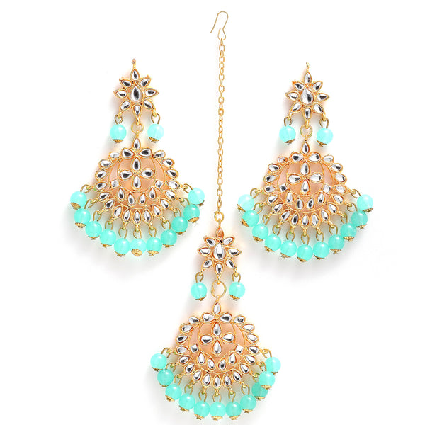 Gold-Plated Sea Green Pearl & Kundan Studded Maang Tikka With Earrings