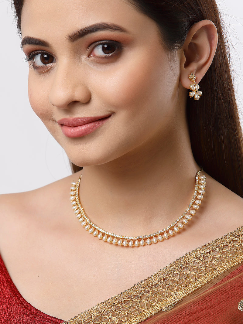Floral Gold Plated American Diamond White Collar Necklace Set with Earrings