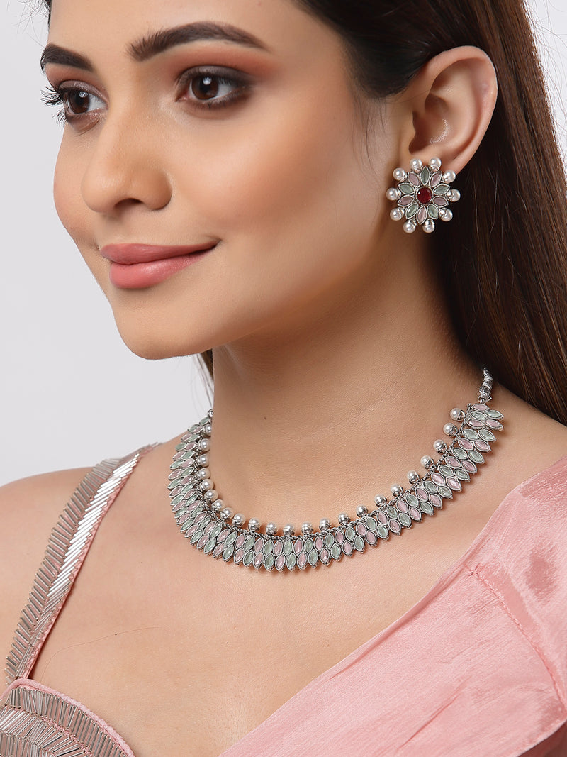 Rhodium-Plated with Silver-Tone Double Layered Kundan-Studded Leaf Shaped Jewellery Set