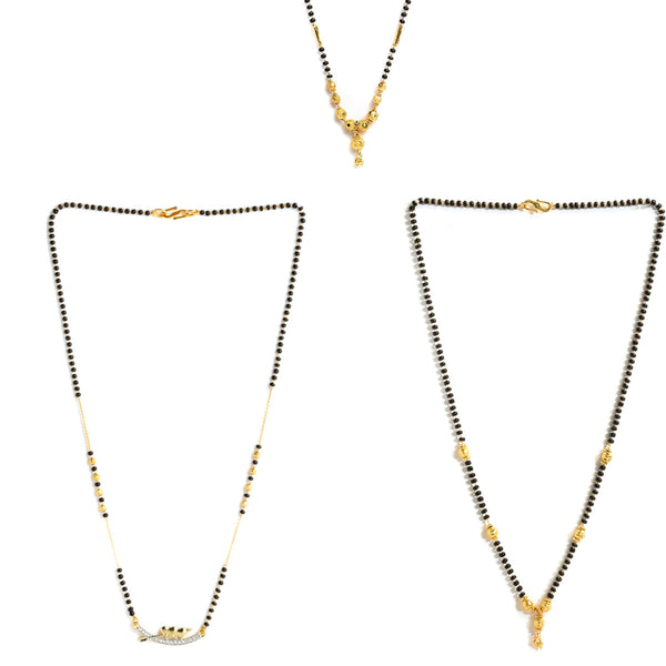 Set Of 3 Gold-Plated & Black Beaded AD Studded Mangalsutra