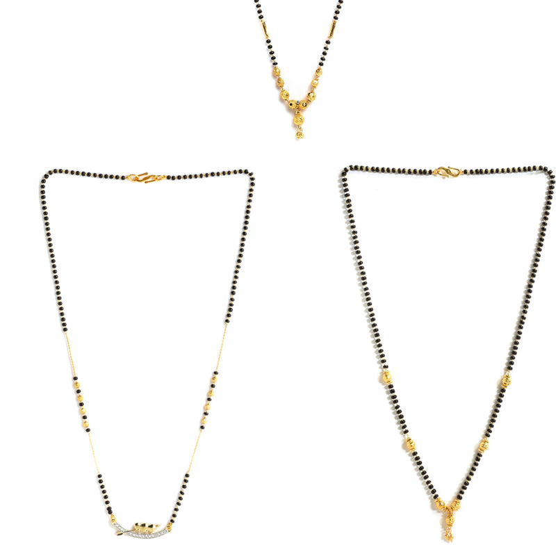 Set Of 3 Gold-Plated & Black Beaded AD Studded Mangalsutra