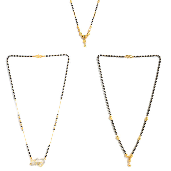 Set Of 3 Gold-Plated AD-Studded Black Beaded Mangalsutra