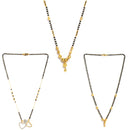 Set Of 3 Gold-Plated Black American Diamond-Studded & Beaded Mangalsutra
