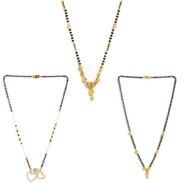 Set Of 3 Gold-Plated Black American Diamond-Studded & Beaded Mangalsutra
