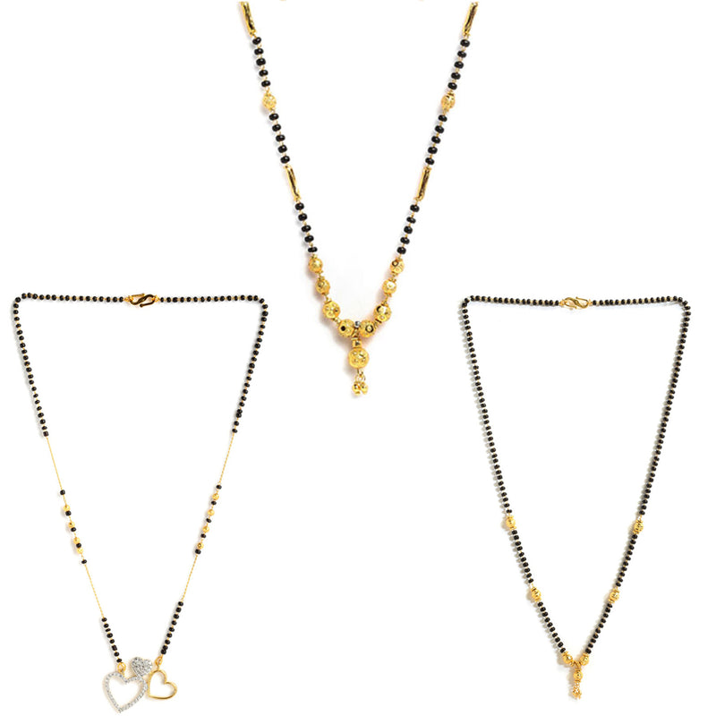 Set Of 3 Gold-Plated Black American Diamond-Studded & Beaded Mangalsutra