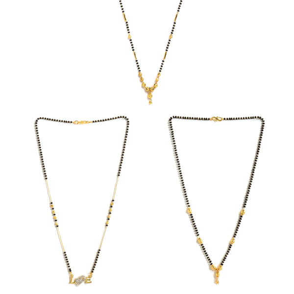 Set Of 3 Gold-Plated AD-Studded Black Beaded Mangalsutra